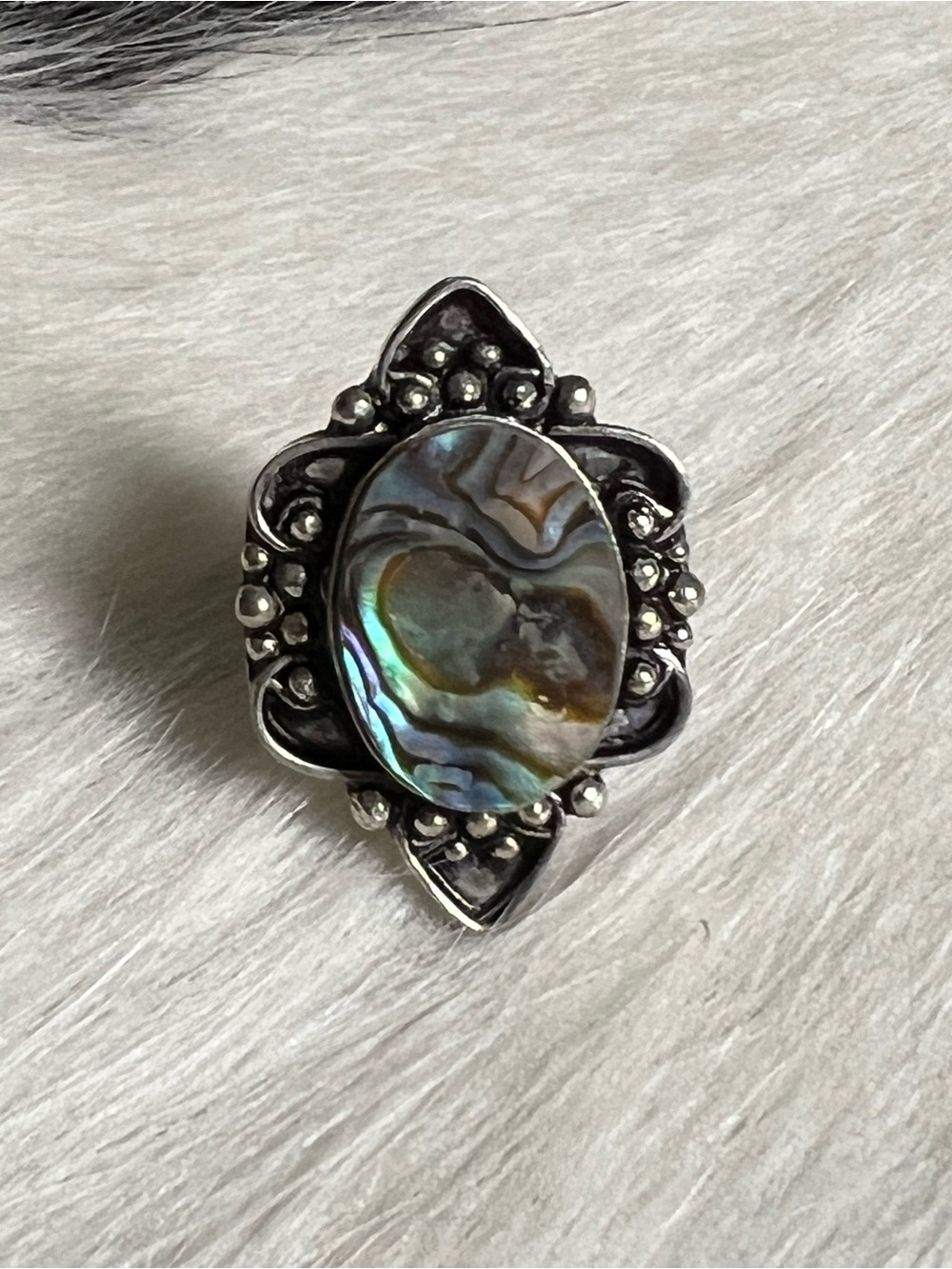 Sterling Silver Abalone Statement Ring - Iridescent Green Blue